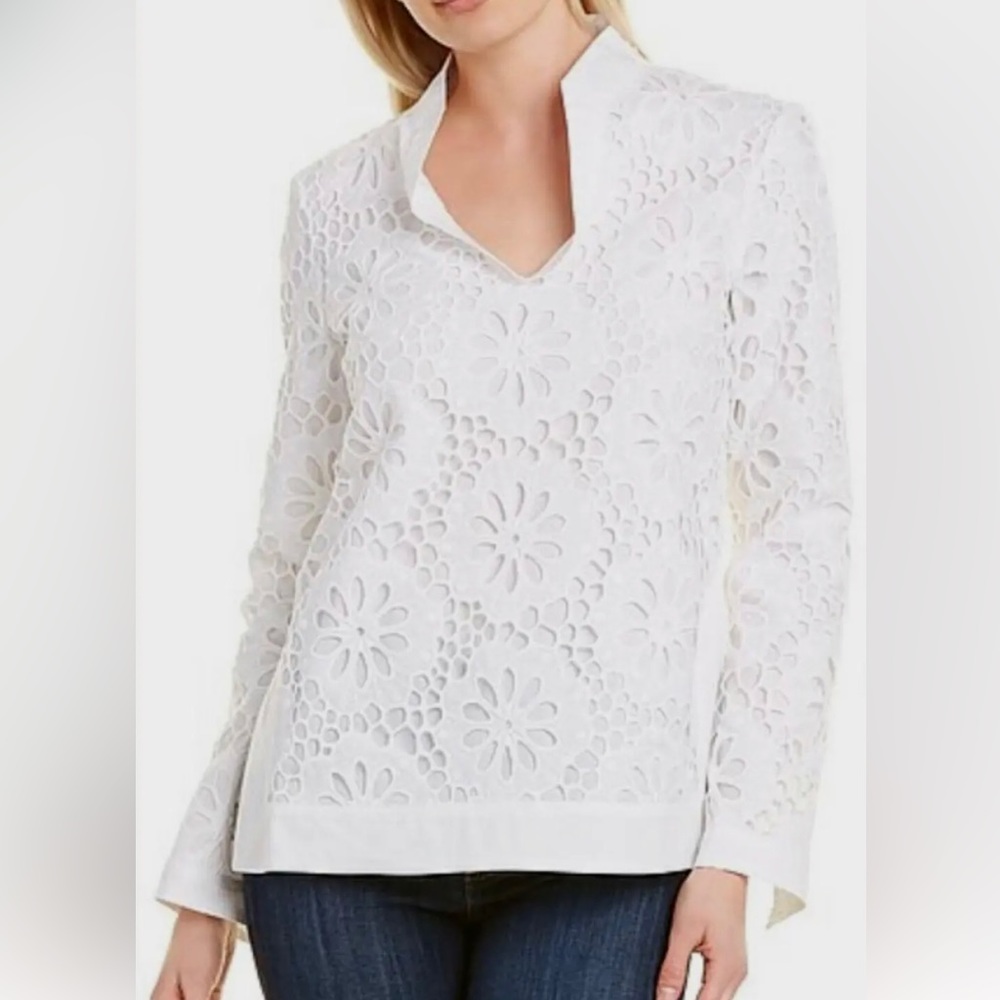 TORY BURCH TUNIC TOP WHITE BLOUSE FLORAL EMBROIDERED LACE
